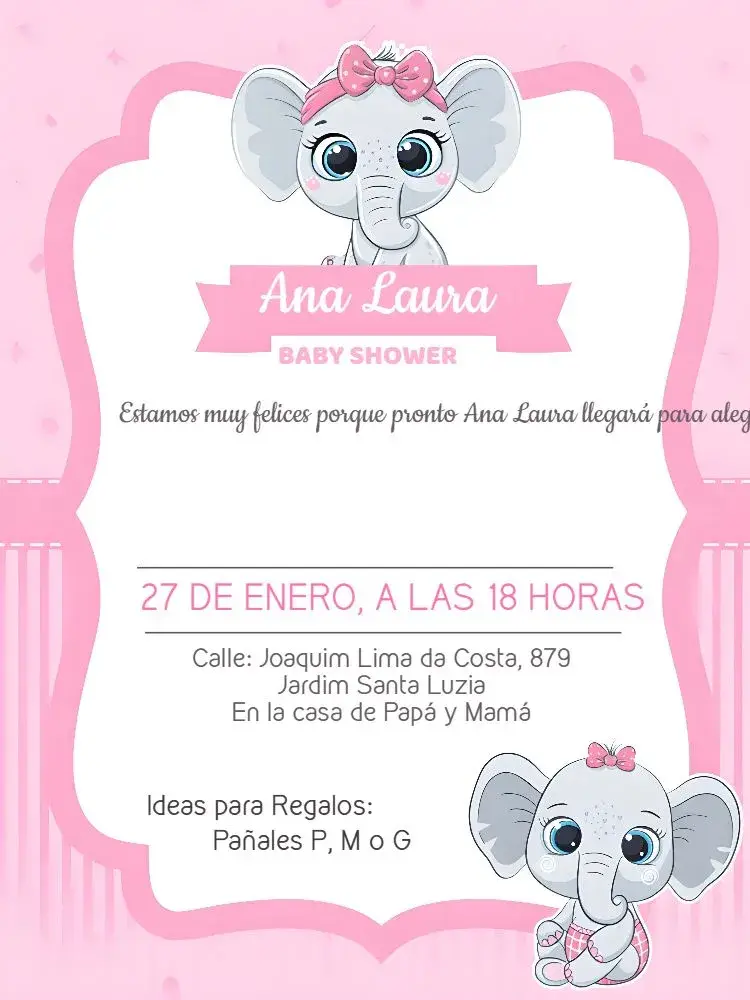 Invitación Baby Shower Elefantinha Elephant