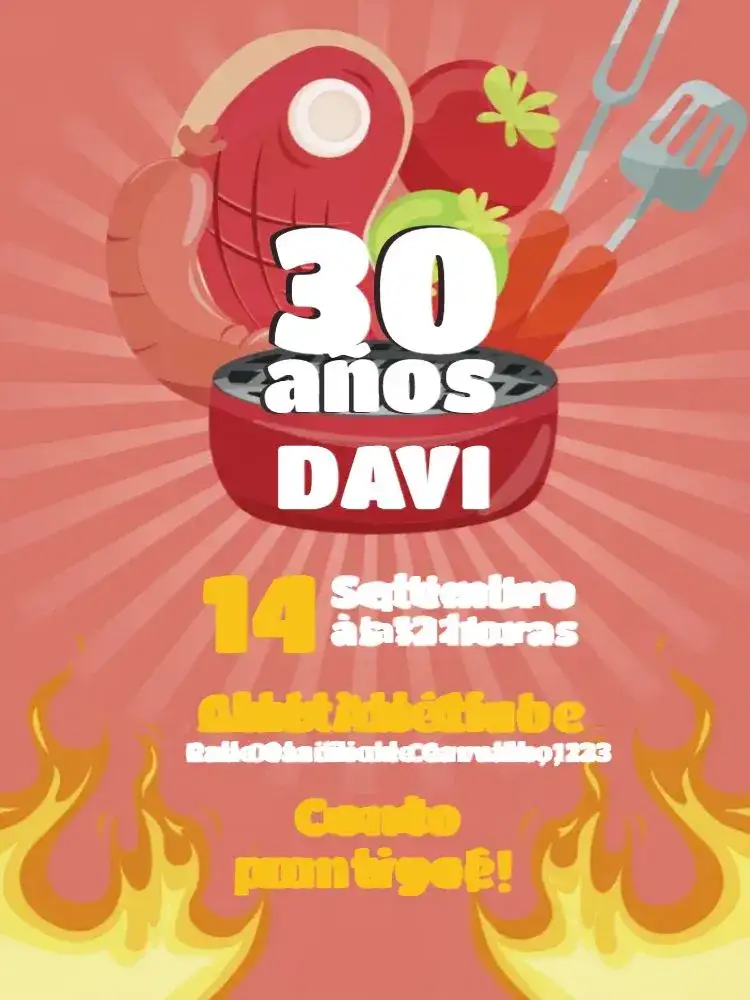 Invitación Adulto Barbacoa – tema Cumpleaños moderno, informal, festivo, vibrante, unisex, tropical