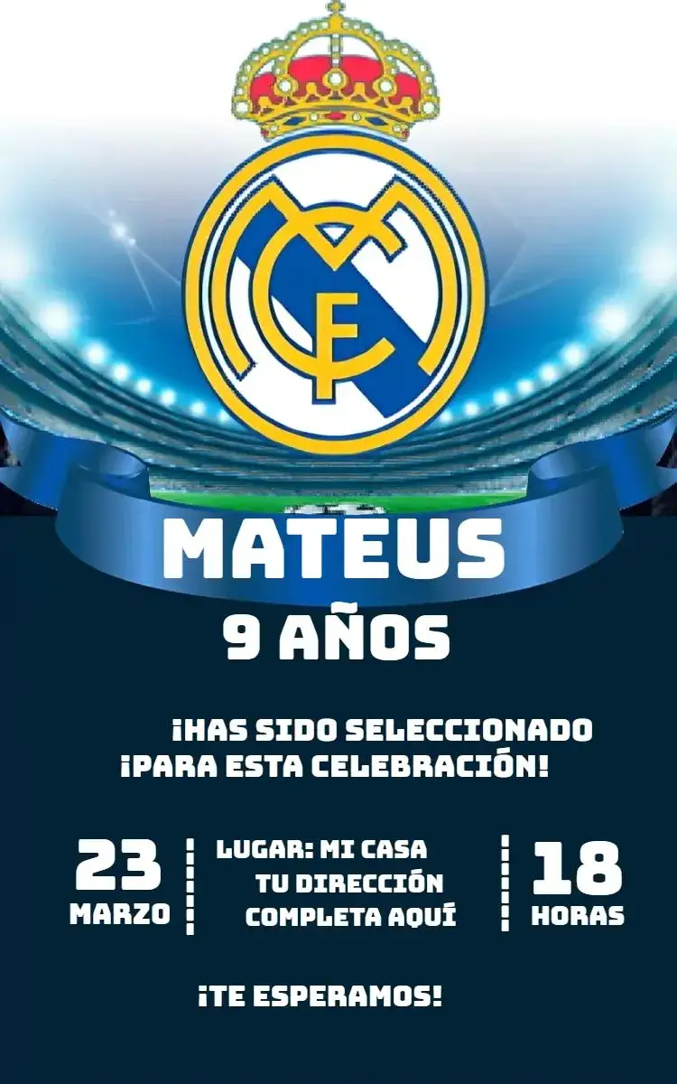 Invitación Real Madrid 1 – tema Cumpleaños deportivo, moderno, vibrante, colorido, fútbol, temático