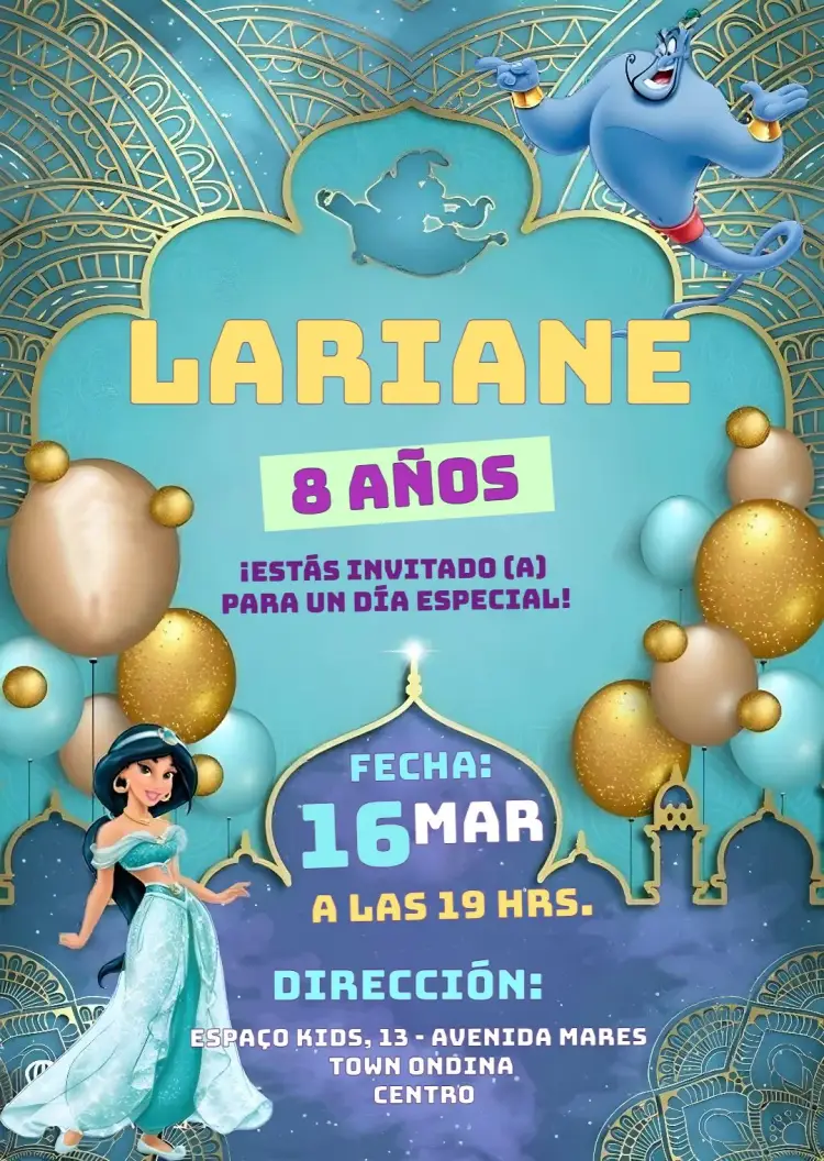 Invitación Princesa Jasmine Disney Aladdin Bday