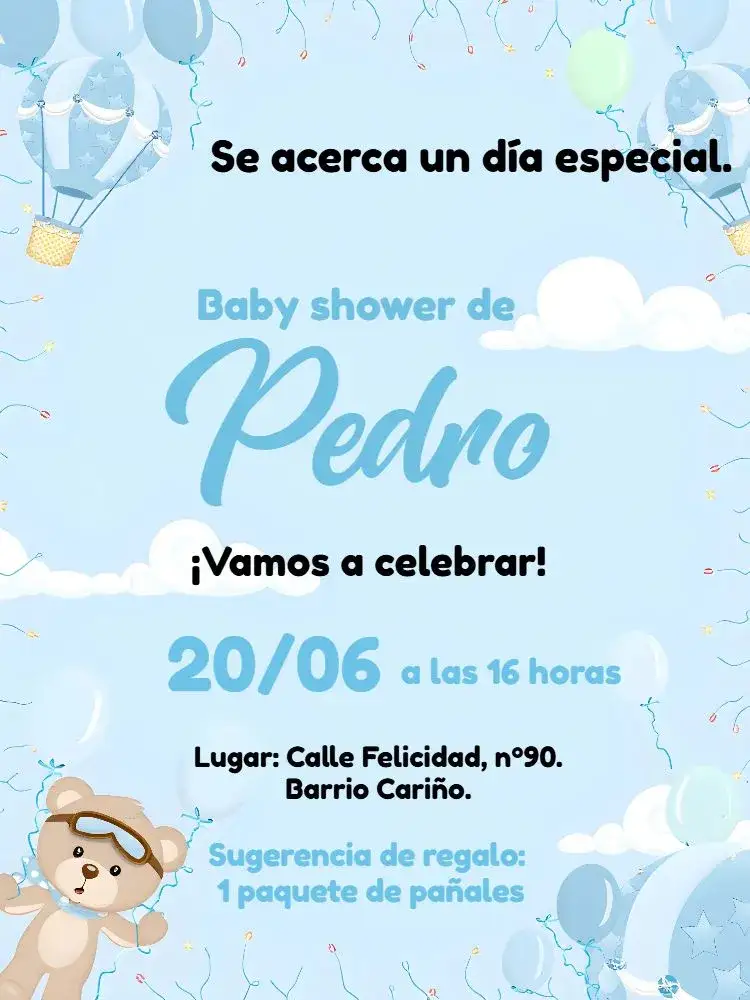 Invitación Baby Shower Osito Globos Aerostáticos Blanco – tema Baby Shower azul y blanco, osos de peluche, globos, nubes, estilo lúdico, moderno