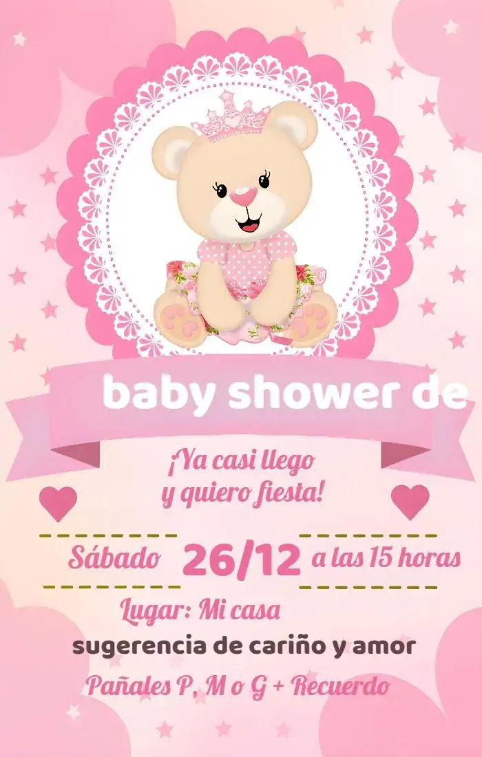 Invitación Baby Shower Osita Princesa Estrella – tema Baby Shower rosa, lúdico, estrellas, princesa, moderno, infantil