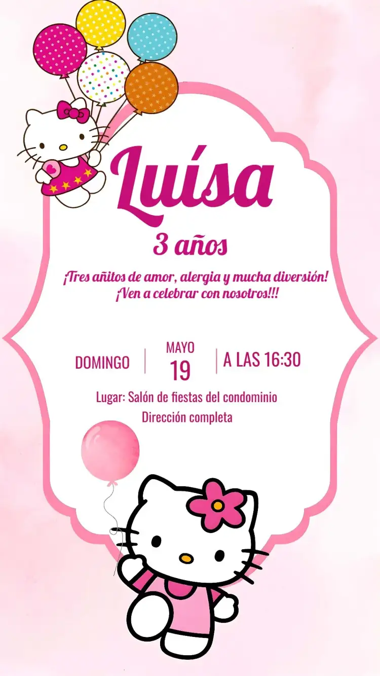 Invitación Hello Kitty Chica – tema Más buscados rosa, lúdico, infantil, colorido, divertido, Hello Kitty