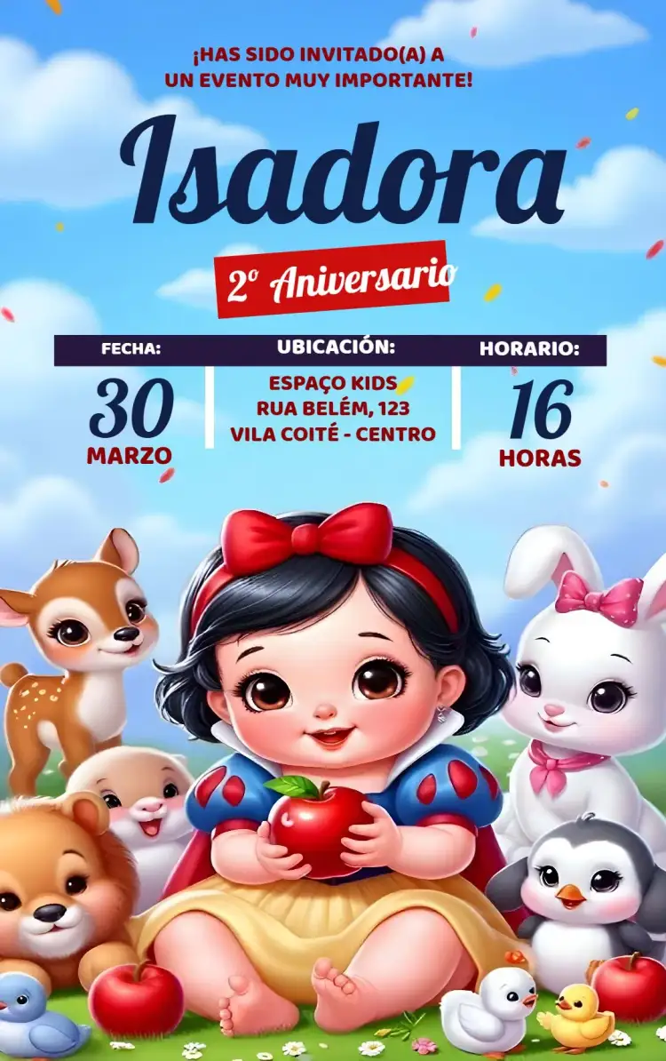 Invitación Blanca Nieves y Los Siete Enanitos Manzana – tema Más buscados colores vibrantes, estilo lúdico, elementos gráficos de Disney, manzana mágica, estética infantil, ilustraciones encantadoras