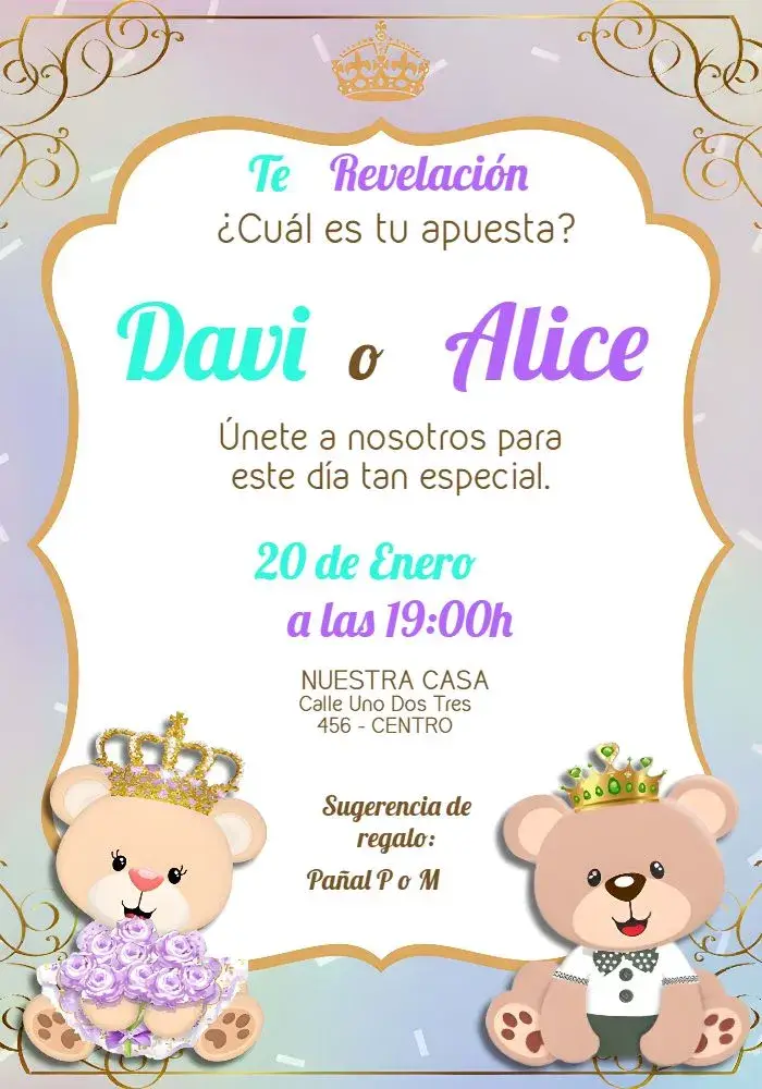 Invitación Chá de Revelación Ositos Realeza Osita