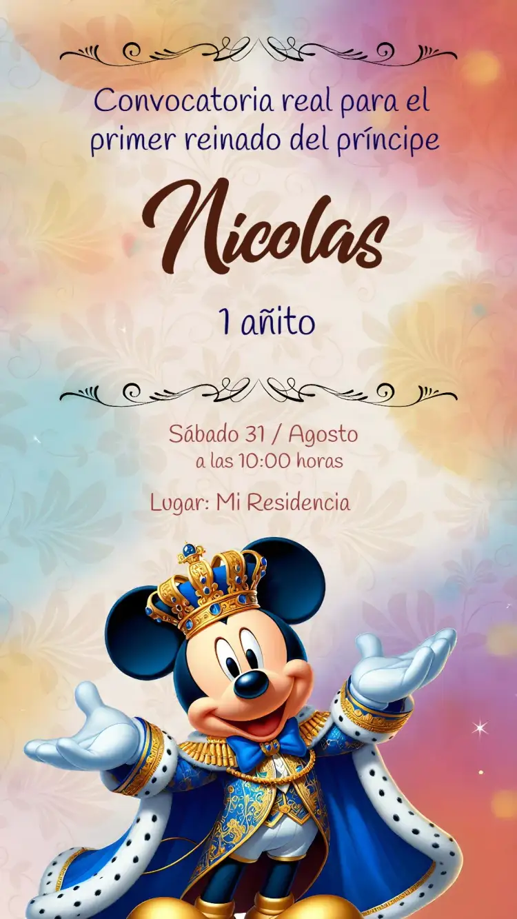 Invitación Mickey Mouse Realeza Príncipe – tema Más buscados azul, dorado, ilustraciones infantiles, elementos de realeza, estilo divertido