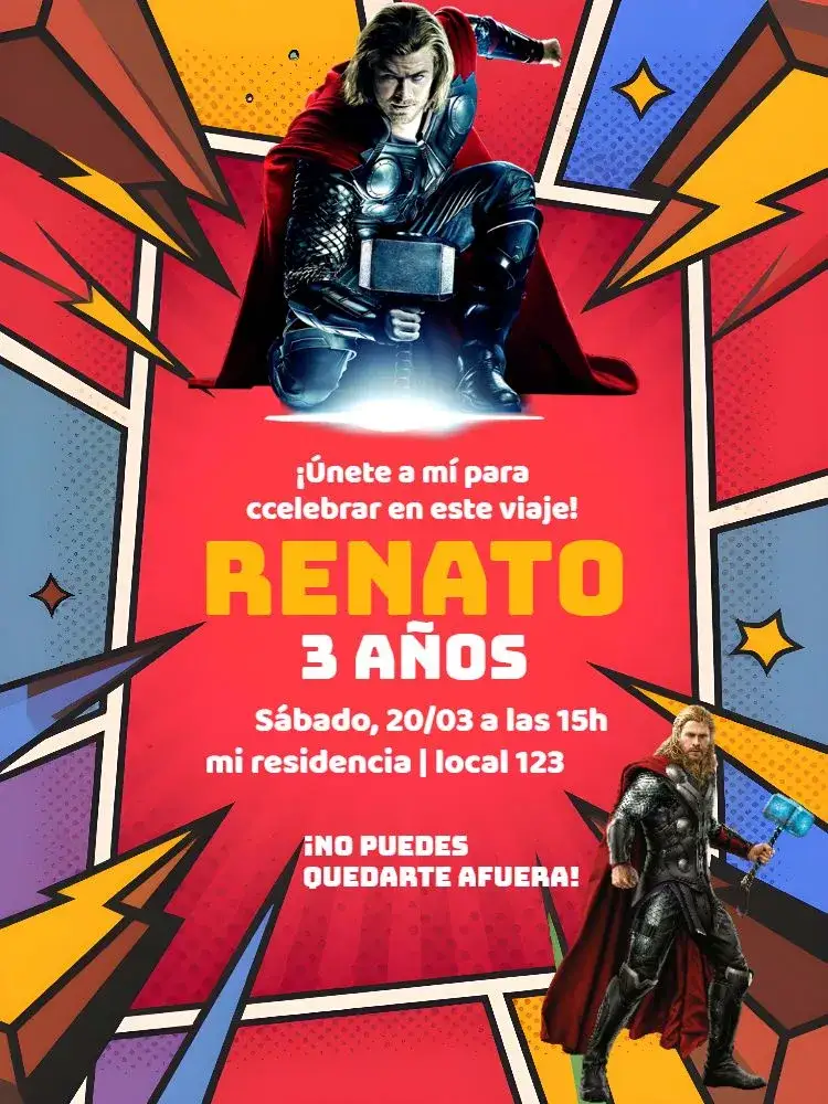 Invitación Thor Vengador Fiesta – tema Más buscados vibrante, superhéroes, colorido, fantasía, aventura, moderno