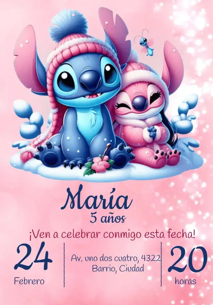 Invitación Stitch Y Angel Fiesta – tema Más buscados colores rosa, estilo lúdico, elementos gráficos de caricatura, diseño infantil, temática de Lilo y Stitch