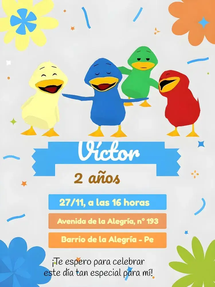 Invitación Pato Rayado de Colores – tema Más buscados colorido, divertido, infantil, listrado, animal, vibrante