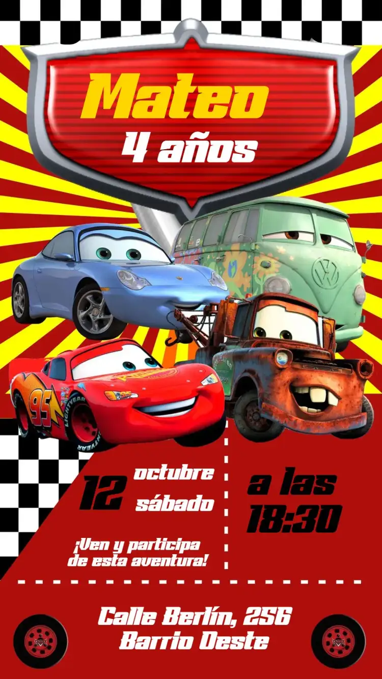 Invitación Cars Disney – tema Cumpleaños Infantil colorido, divertido, aventura, infantil, temático