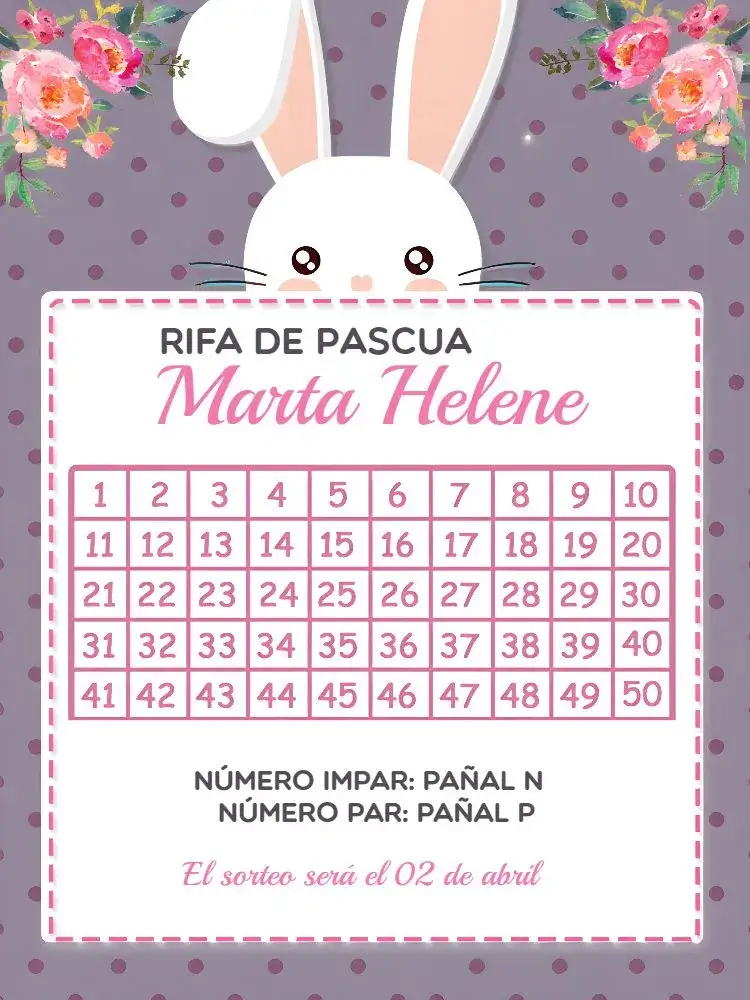 Invitación Té Rifa Pascua Cha – tema Té Rifa colorido, floral, lúdico, moderno, infantil, minimalista