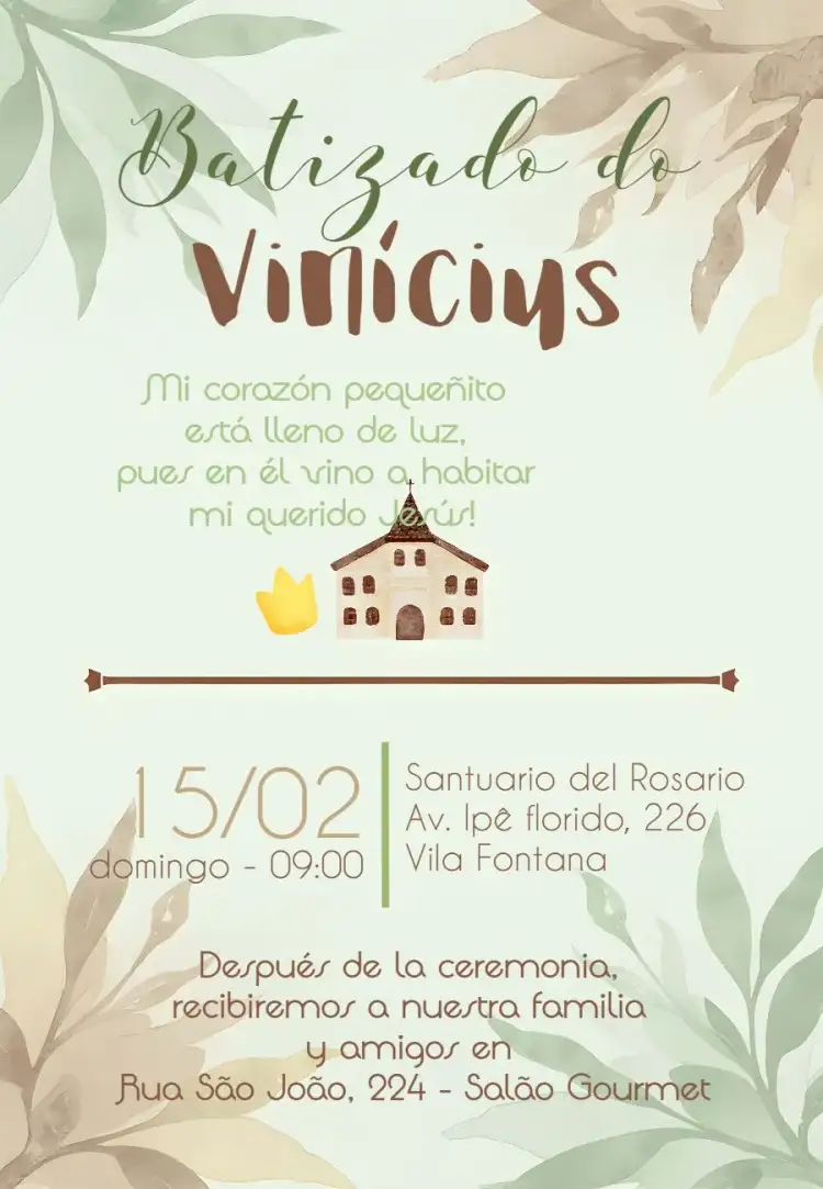 Invitación Bautizo Iglesia – tema Primera Comunión verde suave, blanco clásico, angelitos, minimalista, elegante, católico