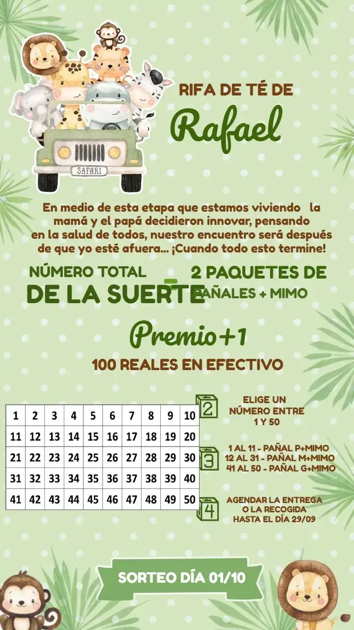 Invitación Chá Rifa Safari Niño Safari – tema Té Rifa safari, animales, colores suaves, ilustraciones divertidas, tema infantil