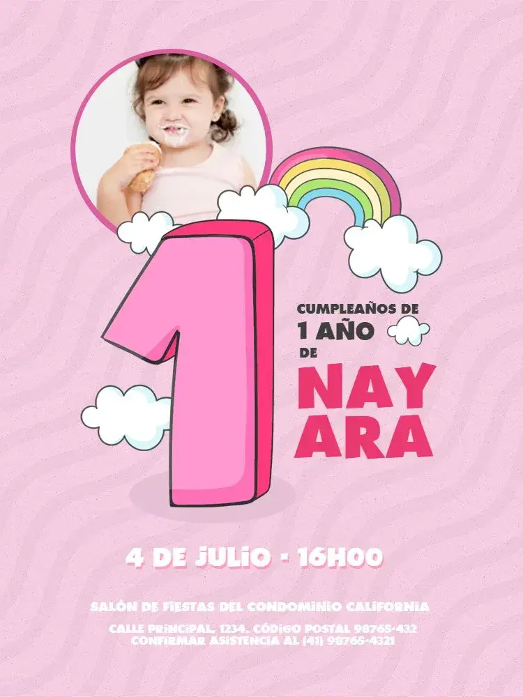 Invitación Primer Año Niña Arcoíris Femenino editable y personalizable