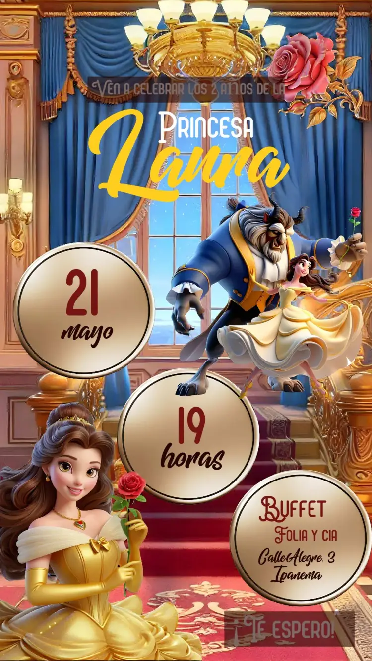 Invitación La Bella y la Bestia Rosa editable y personalizable