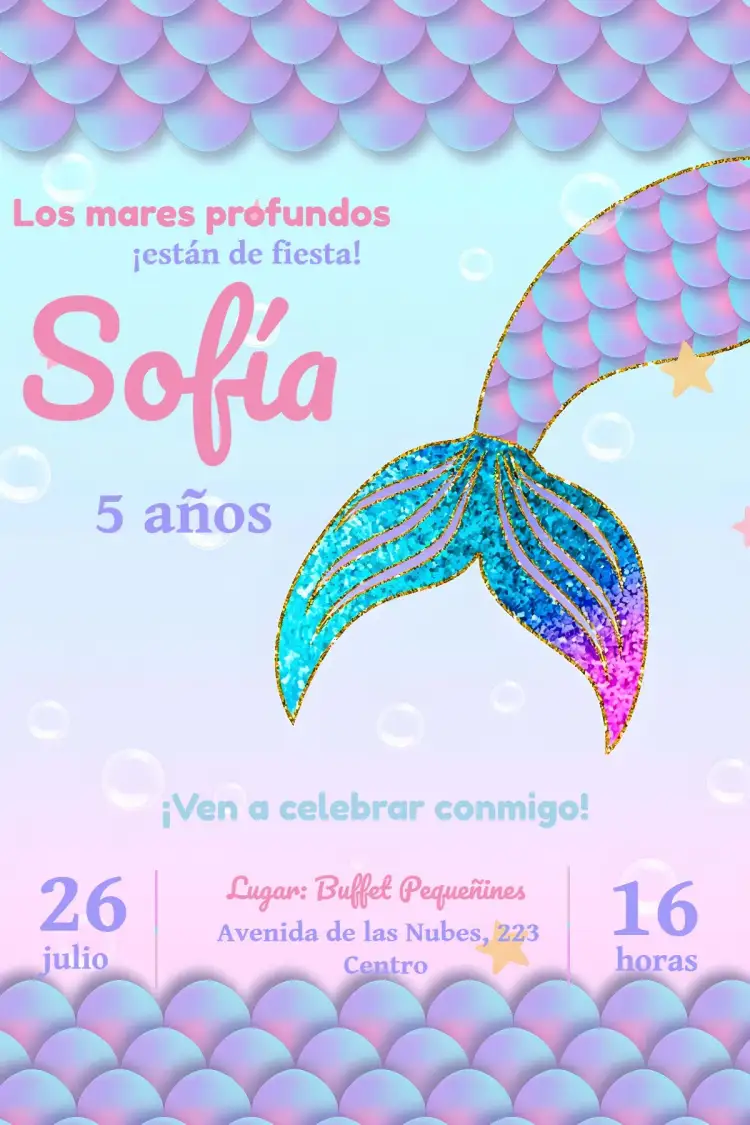 Invitación Sirena – tema Más buscados tonos del mar, elementos marinos, vibrante, fantasía, lúdico, tropical
