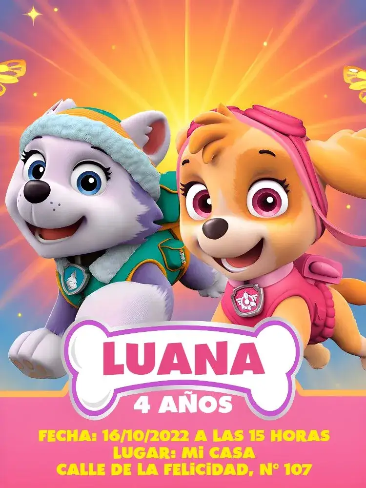 Invitación Patrulla Canina Dorado – tema Cumpleaños Infantil dorado, azul, rosa, temática, infantil