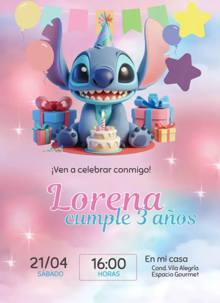 Invitación Stitch Cumpleañero editable y personalizable