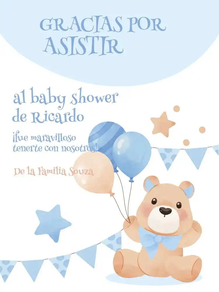 Tarjeta De Agradecimiento Presencia Baby Shower Azul Osito
