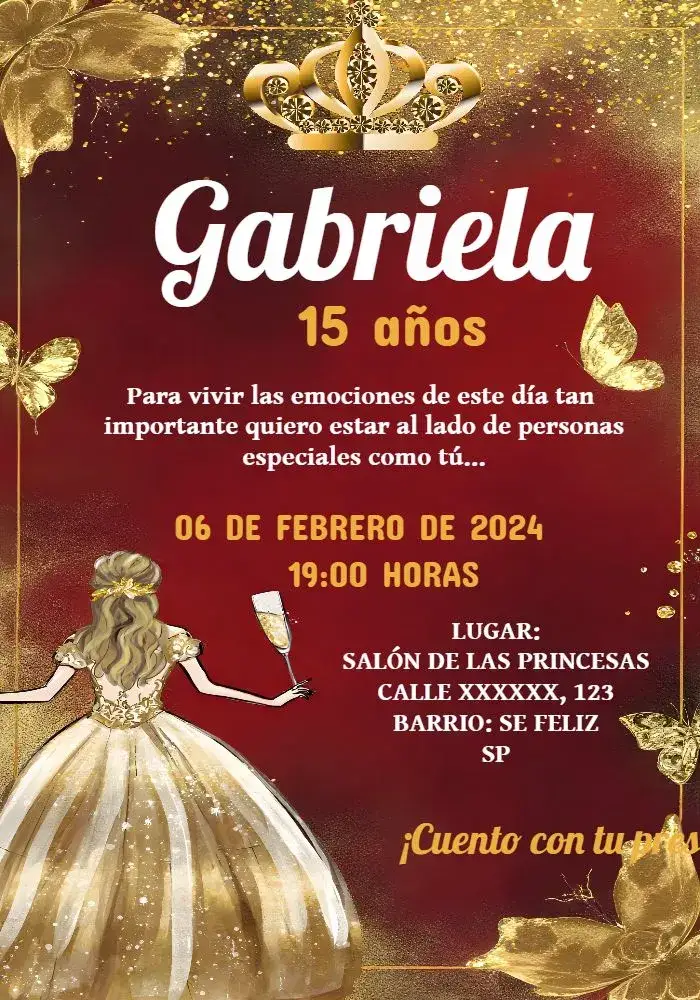 Invitación 15 Años Princesa Dorado – tema 15 años dorado, princesa, mariposas, elegante, romántico, festivo