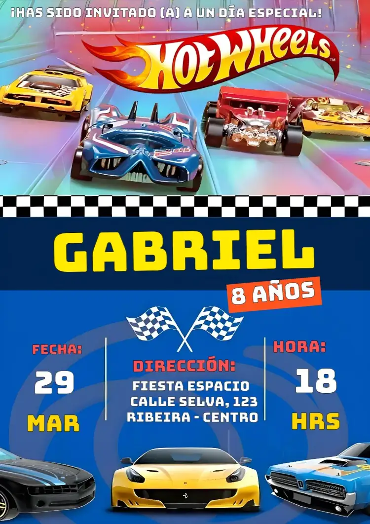 Invitación Hotwheels 1 – tema Más buscados azul, carrera, coches, divertido, infantil