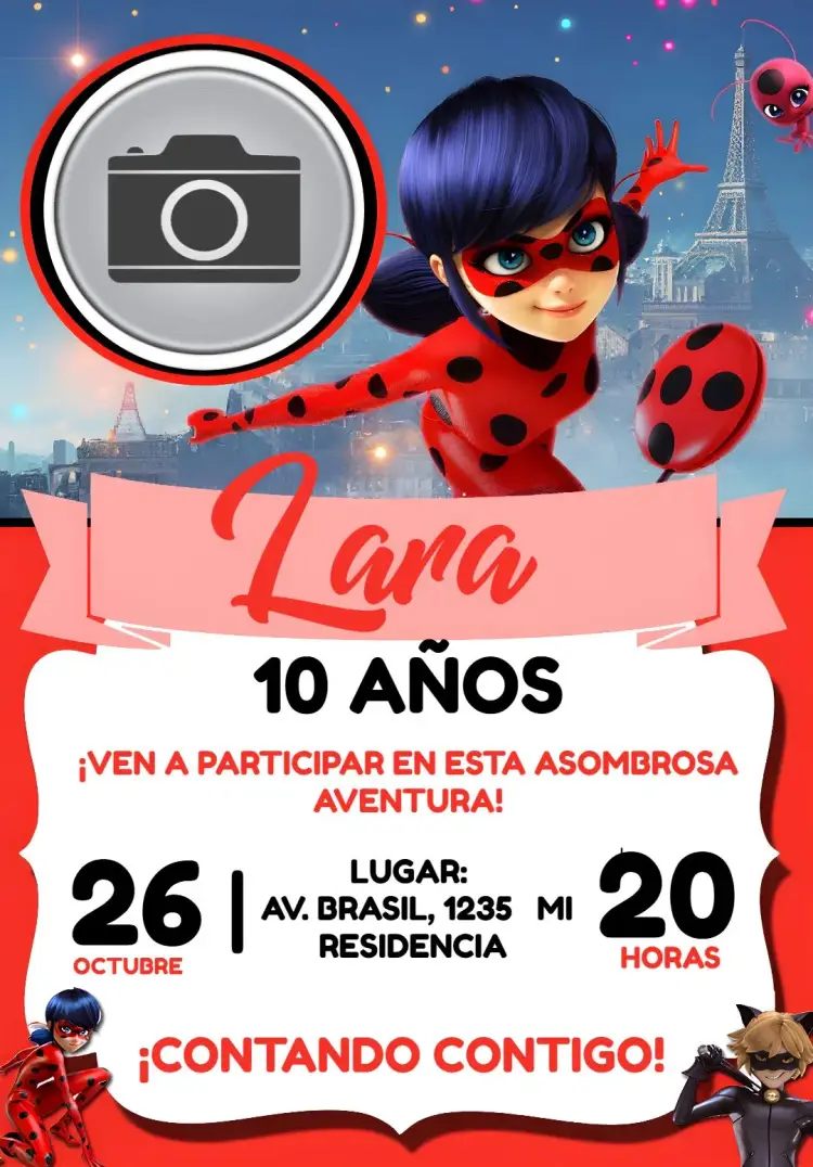 Invitación Ladybug Miraculous Con Foto Rosa