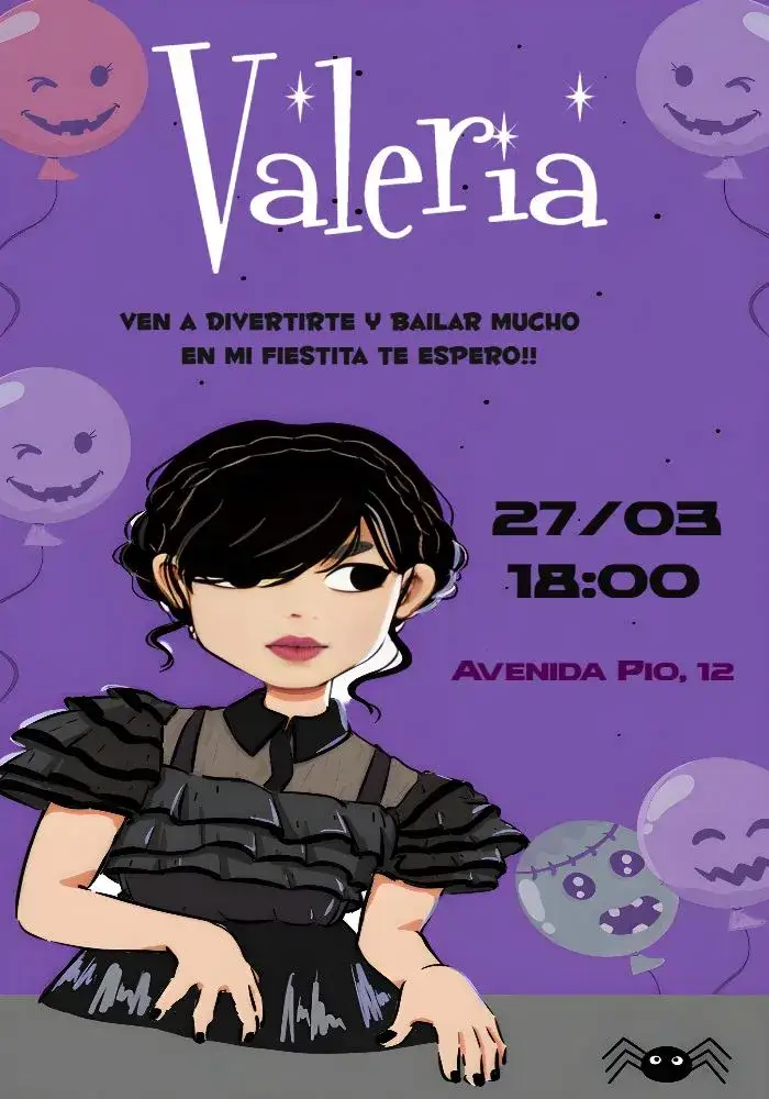 Invitación Wandinha Addams Modelos – tema Fechas Conmemorativas morado, negro, blanco, temático, divertido, moderno