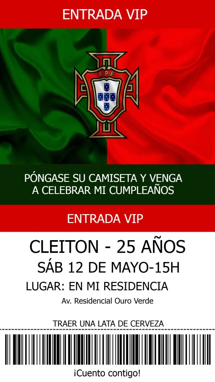 Invitación Portugal Fútbol – tema Cumpleaños Infantil deportivo, vibrante, moderno, colorido, temático