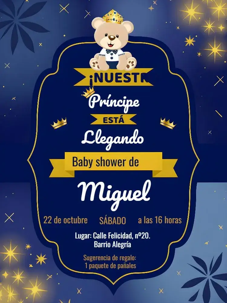 Invitación Baby Shower Príncipe Oso Corona – tema Baby Shower azul, dorado, brillo, osito, realeza, festivo