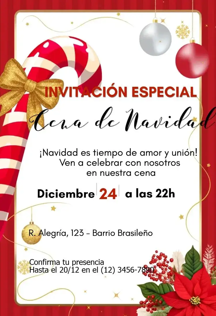 Invitación Cena de Navidad – tema Fechas Conmemorativas dorado, rojo, verde, rústico, minimalista