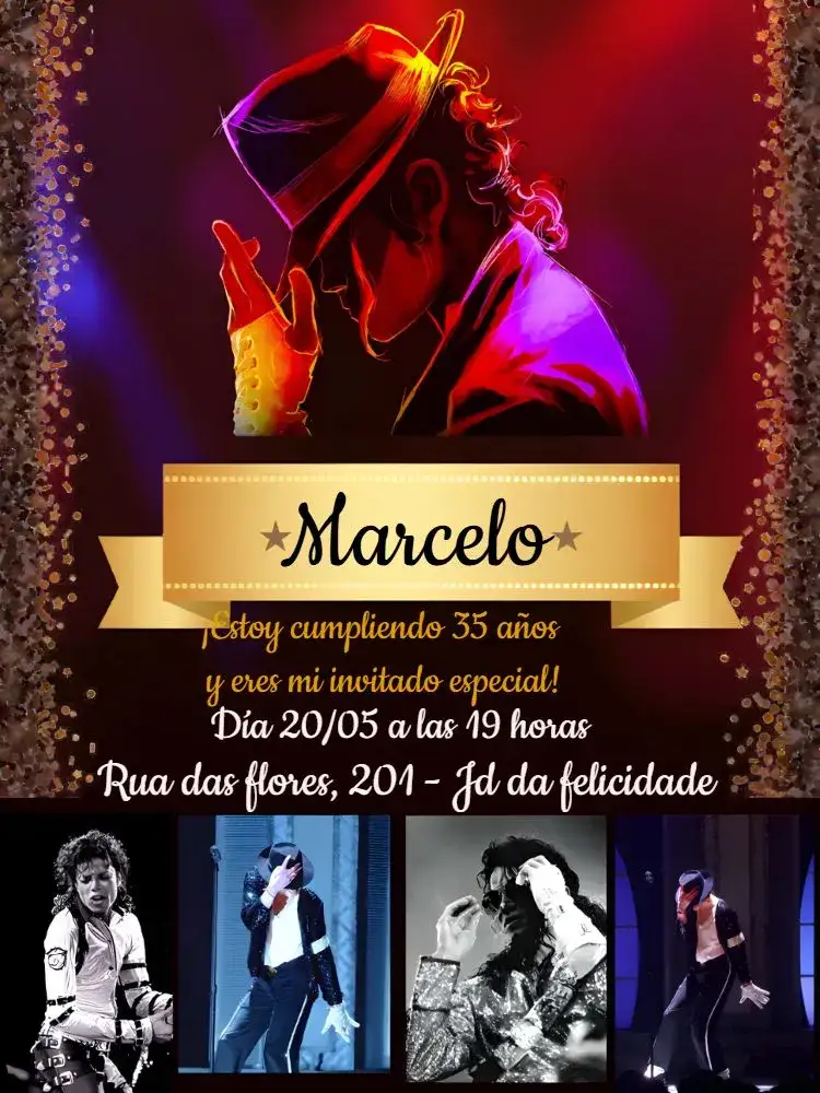 Invitación Michel Jackson Negro – tema Cumpleaños negro, vibrante, musical, moderno, elegante