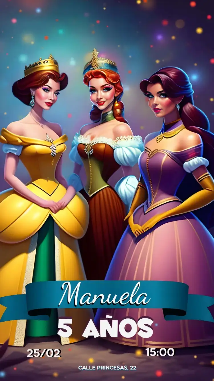 Invitación Fiesta de Princesas de Disney – tema Fechas Conmemorativas colorido, fantasía, mágico, infantil, animado, vibrante