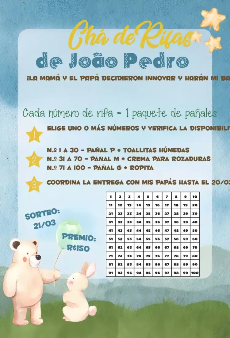 Invitación Té de Rifa Ositos Verdes – tema Revelación Bebé ositos, acuarela, tonos suaves, infantil, colorido, divertido