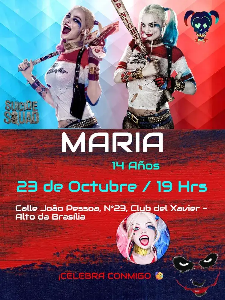 Invitación Arlequina Escuadrón Suicida Cómics – tema Cumpleaños Infantil vibrante, colorido, temático, divertido, moderno