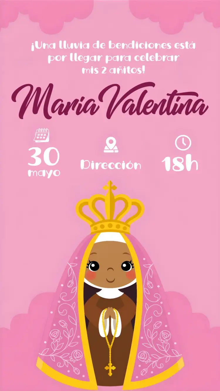 Invitación Nuestra Señora del Bautismo – tema Bautismo rosa, floral, minimalista, religioso, delicado