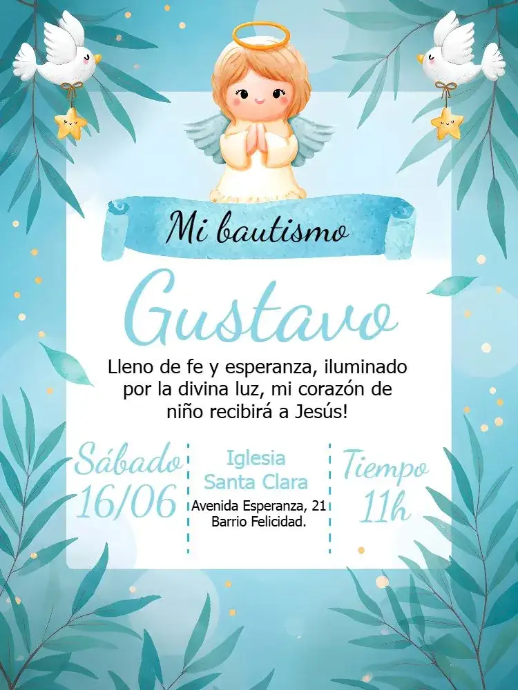 Invitación Bautizo Angelito Amarillo – tema Bautismo angelito, amarillo, dorado, religioso, minimalista