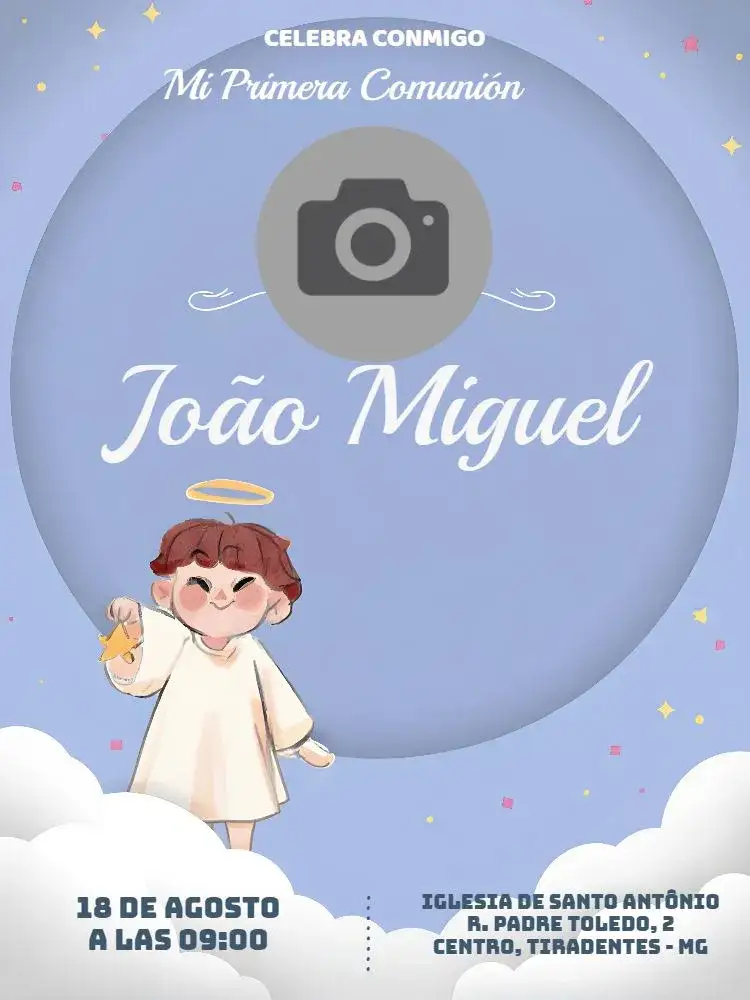 Invitación Primera Comunión Con Foto Azul – tema Primera Comunión azul, angelical, moderno, infantil, minimalista