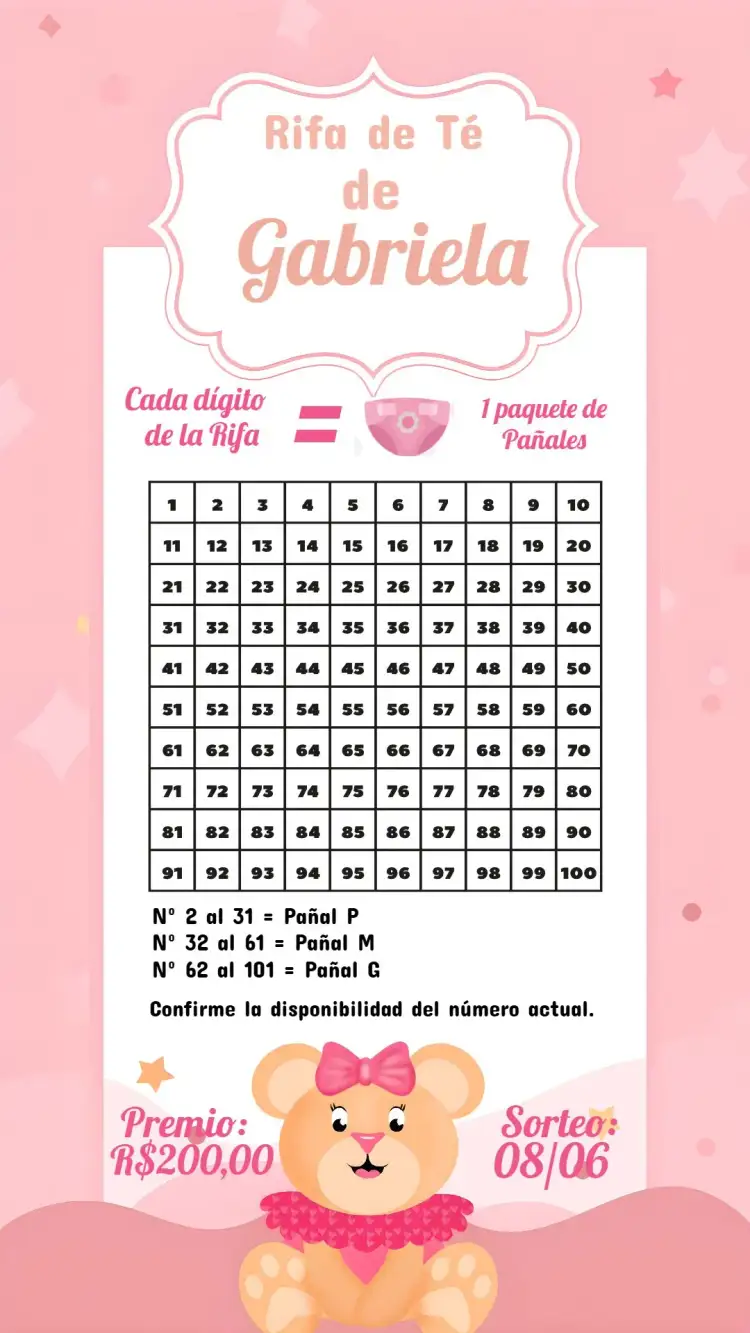 Invitación Carta de Rifa Osa Rosa – tema Té Rifa floral, rosa, minimalista, lúdico, infantil, moderno