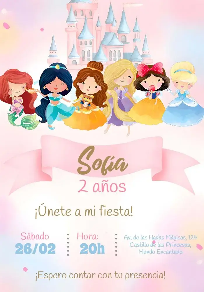 Invitación Princesas Disney Rosa