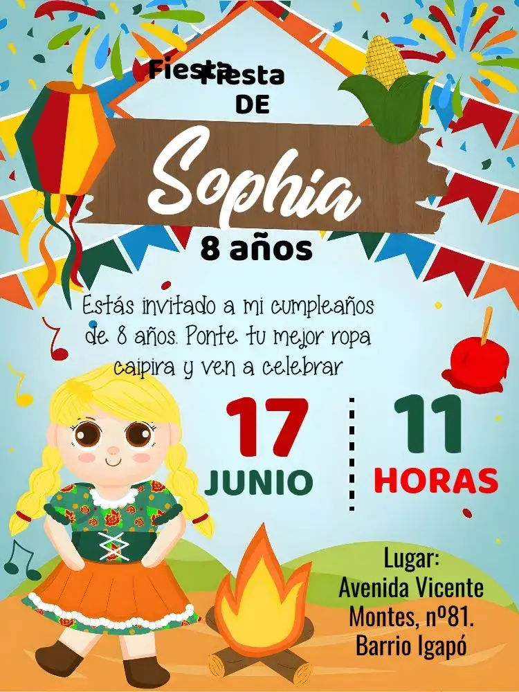 Invitación Fiesta Junina Arraiá Elegante – tema Fechas Conmemorativas colorido, vibrante, temático, festivo, rústico