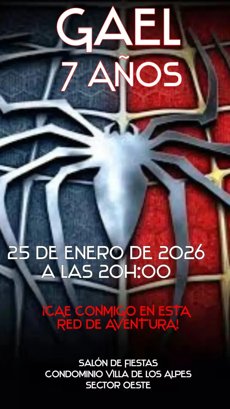 Invitación Spider-Man – tema Cumpleaños Infantil estilo de superhéroe, colores vibrantes, ilustraciones dinámicas, elementos urbanos, diseño divertido, temática de aventura