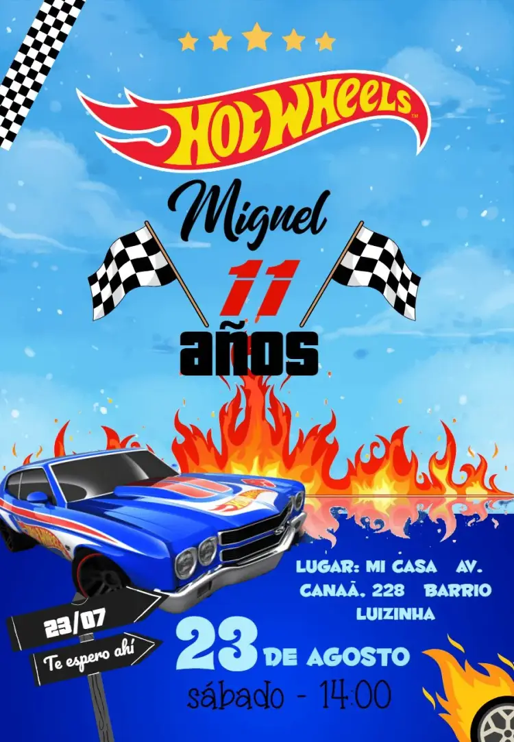 Invitación Hot Wheels Colorido editable y personalizable