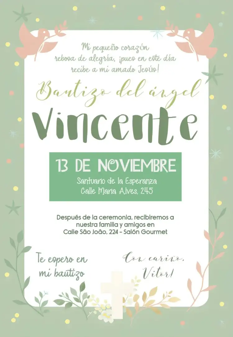Invitación Bautizo Niño – tema Primera Comunión verde, ángeles, minimalista, católico, delicado, elegante