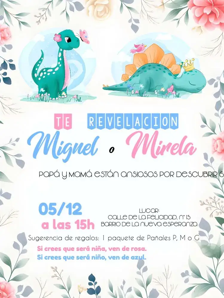 Invitación Baby Shower Dinosaur Watercolor Reveal – tema Revelación Bebé acuarela, dinosaurio, divertido, colorido, moderno, infantil