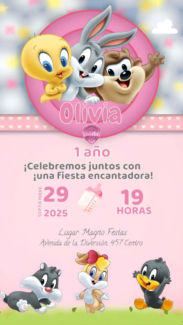 Invitación Looney Tunes Chica – tema Más buscados colorido, infantil, divertido, rosa, personajes animados, festivo