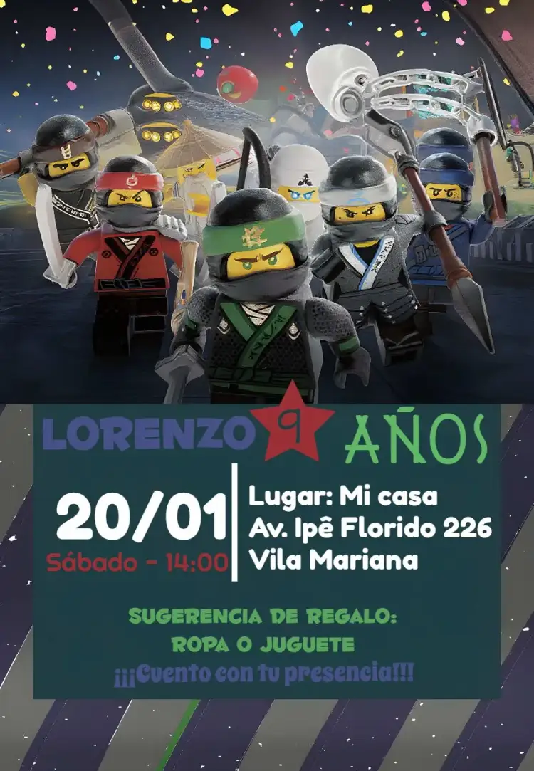 Invitación Ninjago Lego Ninja Go Juego – tema Cumpleaños Infantil colorido, aventura, juegos, temática de Ninjago, Lego, animado