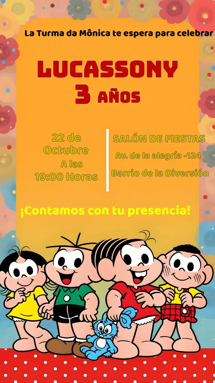 Invitación Turma Da Mónica Amarillo editable y personalizable
