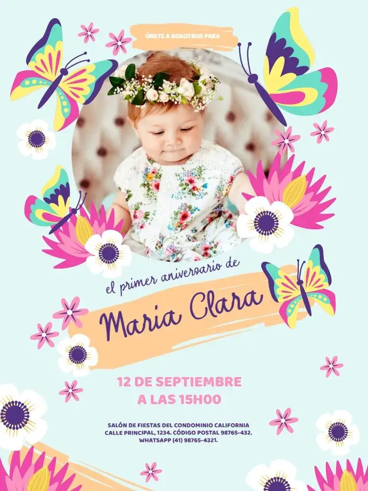 Invitación Para Niña Delicado Con Foto Claro – tema Cumpleaños Infantil floral, colorido, delicado, lúdico, infantil, feminino