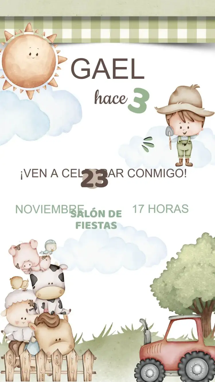 Invitación Invitación Cumpleaños Granja – tema Cumpleaños Infantil rústico, colorido, vintage, ilustración infantil, animales de granja, estilo campestre