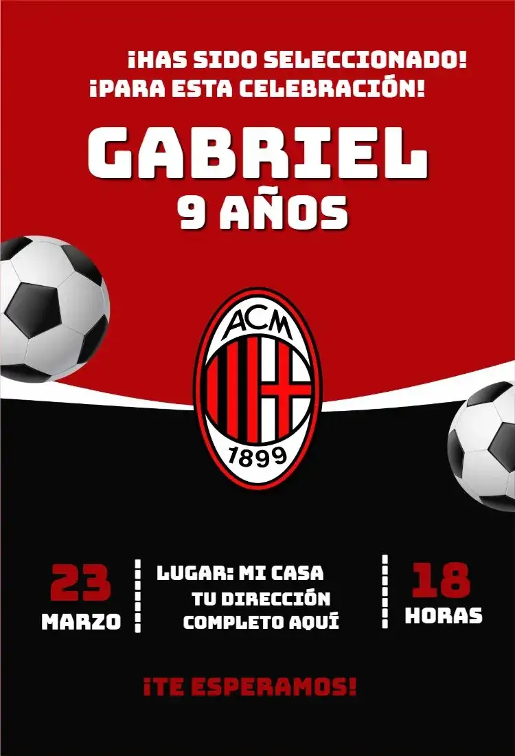 Invitación Milán 2 – tema Cumpleaños fútbol, deportivo